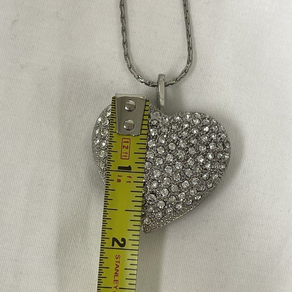 Silver-Tone Filigree Rhinestones Heart Pendant 2” Pendant 26” Necklace Chain - Picture 6 of 6
